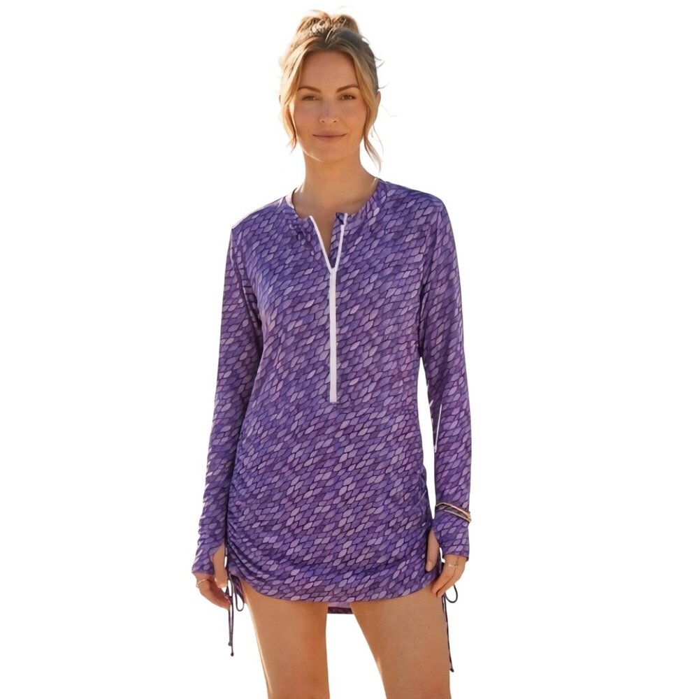 Mott50 Margherita Purple Long Sleeve Zip- Beach Coverup Ruched UPF50 Size XL